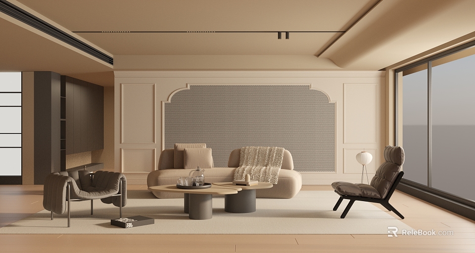 Elegant Modern Living Room Interior With Beige Sofa Accent Chair Coffee Table And Textured Wall Panel 3d model 