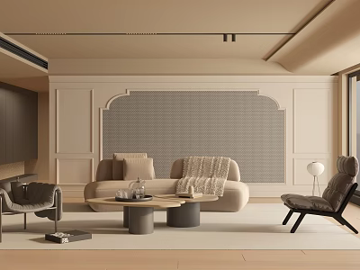 Elegant Modern Living Room Interior With Beige Sofa Accent Chair Coffee Table And Textured Wall Panel 3d model