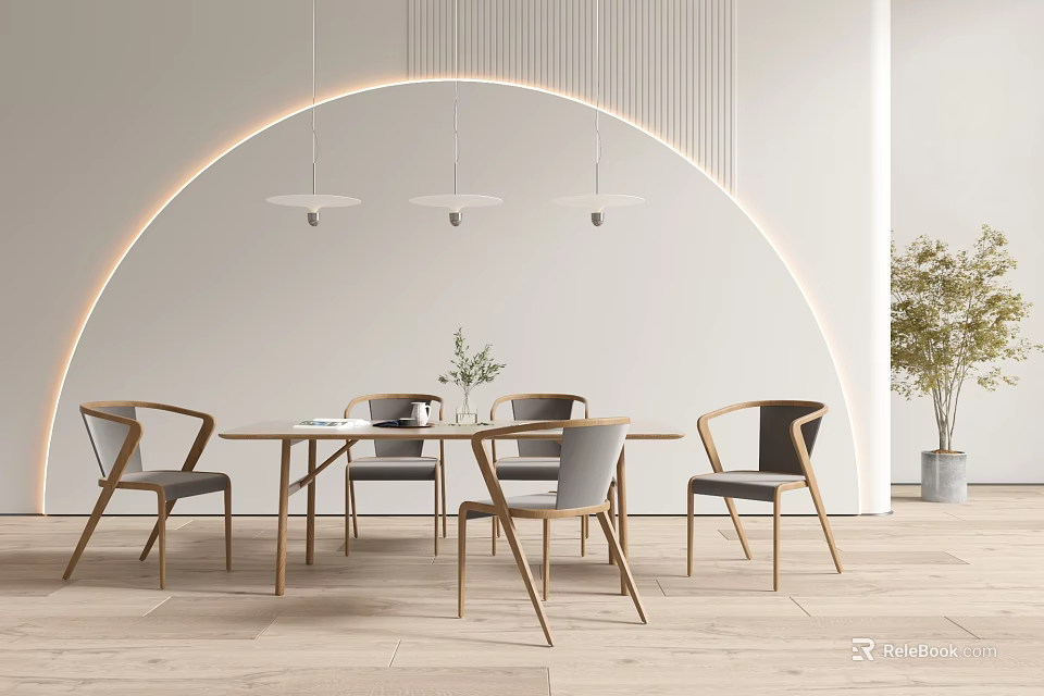 Modern Dining Table Set With Wooden Frame Gray Upholstered Chairs And Hanging Pendant Lights 3d model 
