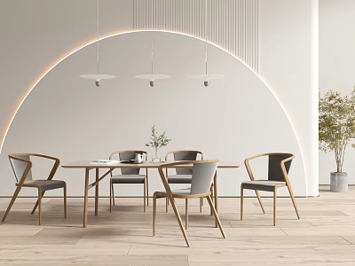 Modern Dining Table Set With Wooden Frame Gray Upholstered Chairs And Hanging Pendant Lights 3d model