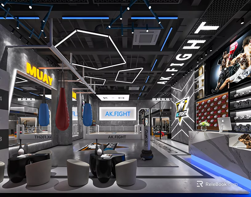 MIDAN Gym Interior Featuring Weight Training AK FIGHT Zone Punching Bags Fitness Equipment And Seating 3d model 