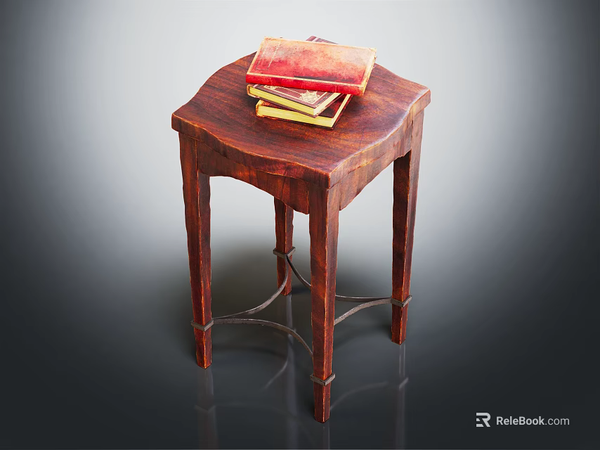 Wooden Hexagonal Stool With Slender Legs And Stacked Books On Top Surface 3d model 