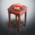 Wooden Hexagonal Stool With Slender Legs And Stacked Books On Top Surface