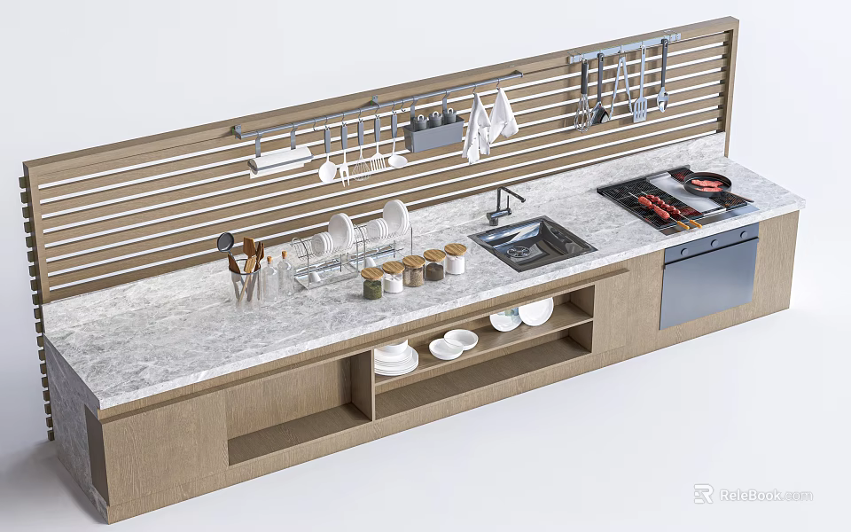 Modern Bar Counter Design With Marble Top Wooden Cabinets Wall-Mounted Utensils Sink And Cooking Space 3d model 