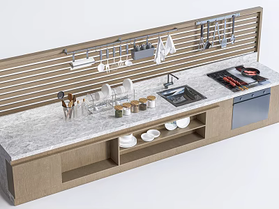 Modern Bar Counter Design With Marble Top Wooden Cabinets Wall-Mounted Utensils Sink And Cooking Space 3d model