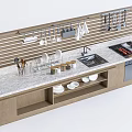 Modern Bar Counter Design With Marble Top Wooden Cabinets Wall-Mounted Utensils Sink And Cooking Space