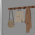 Wooden Wall Mounted Hook Rack With Hanging Handbag Woven Bag And Scarf