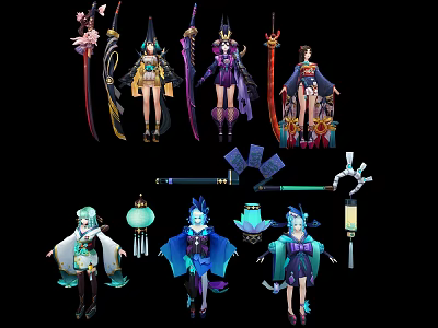 Fantasy Game And Movie Characters In Colorful Costumes With Mythical Weapons 3d model