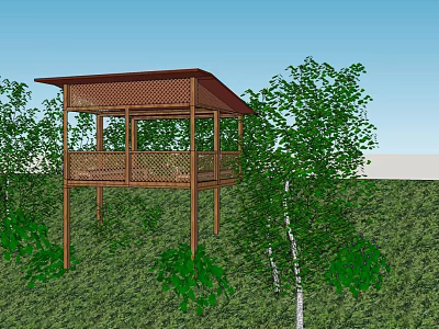 Wooden Tower With Covered Platform Surrounded by Green Trees and Grass 3d model