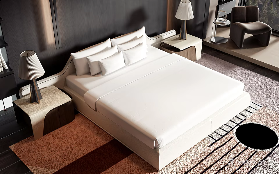 Double Bed With White Linen And Bedside Tables In Modern Bedroom Interior Design 3d model 