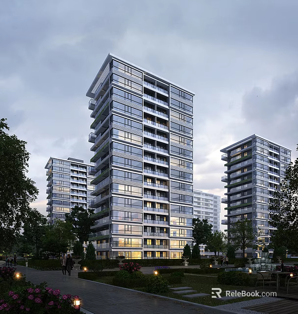 Modern High Rise Residential Buildings With Glass Facade Balconies Surrounding Trees And Evening Lighting 3d model 