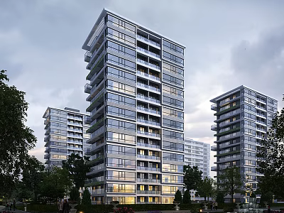 Modern High Rise Residential Buildings With Glass Facade Balconies Surrounding Trees And Evening Lighting 3d model