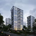 Modern High Rise Residential Buildings With Glass Facade Balconies Surrounding Trees And Evening Lighting