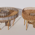 Modern Wooden Spiral Staircase With Metal Railings And Supporting Pillars