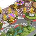 Vibrant Park Landscape with Colorful Circular Structures Red White Concentric Ground Yellow Trees Green Lawn