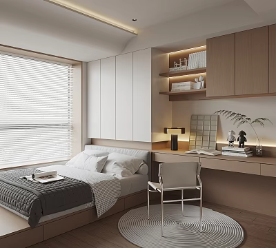 Cozy Modern Tatami Bedroom With Tatami Bed White Blinds Integrated Wardrobes Bookshelves Desk And Chair 3d model