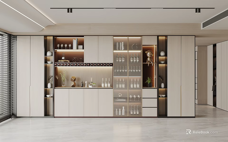 Modern Built in Wine Cabinet With Glass Doors Display Shelves And Wine Glasses 3d model 