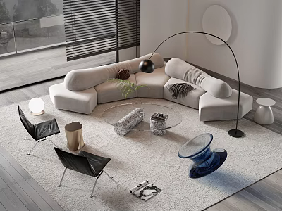 Modern L shaped Sofa and Round Glass Coffee Table Set with Floor Lamp and Decorative Rug 3d model