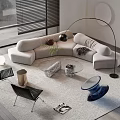 Modern L shaped Sofa and Round Glass Coffee Table Set with Floor Lamp and Decorative Rug