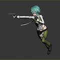 3D Game Character With Teal Hair Green White Outfit Holding Gun In Combat Pose