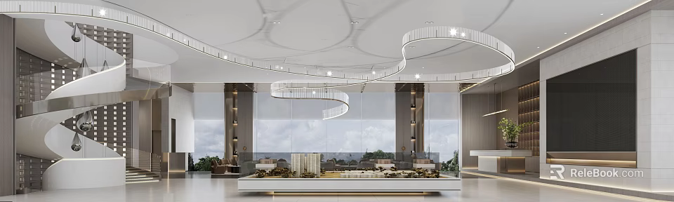 Modern Sales Office Interior Design With Spiral Ceiling Decor Large Windows And Display Model 3d model