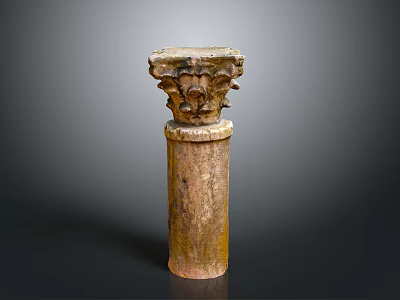 Ancient Stone Sculpture Carving of Decorative Column Capital with Intricate Floral Patterns and Cylindrical Base 3d model