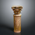 Ancient Stone Sculpture Carving of Decorative Column Capital with Intricate Floral Patterns and Cylindrical Base