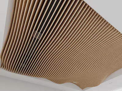 Modern Wavy Slatted Ceiling Design With Curved Brown Stripes For Interior 3d model