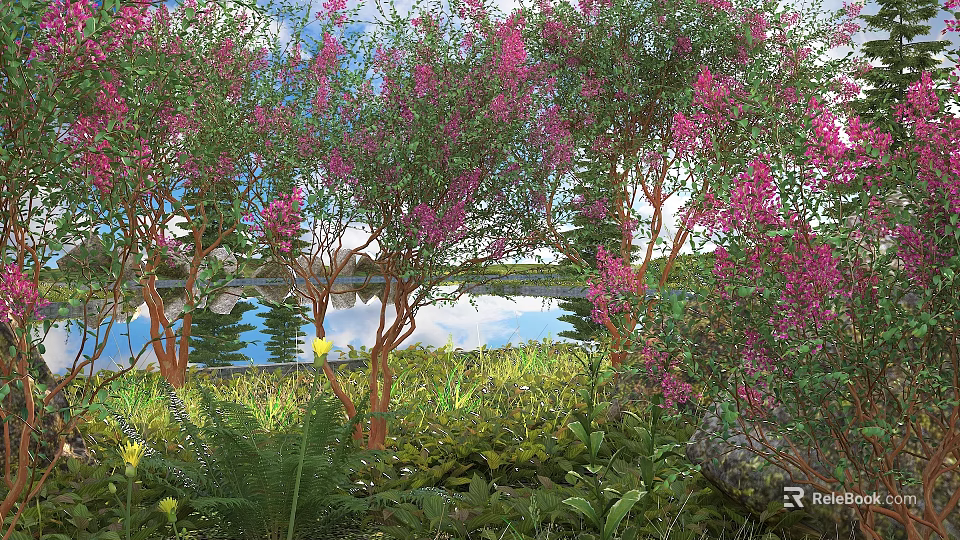 Beautiful Arbor With Pink Flowers And Green Leaves In Lakeside Grassland Natural Scene 3d model 