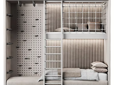 Modern Multifunctional Living Space With Ladder Upper Bed Padded Wall And Pegboard Storage 3d model