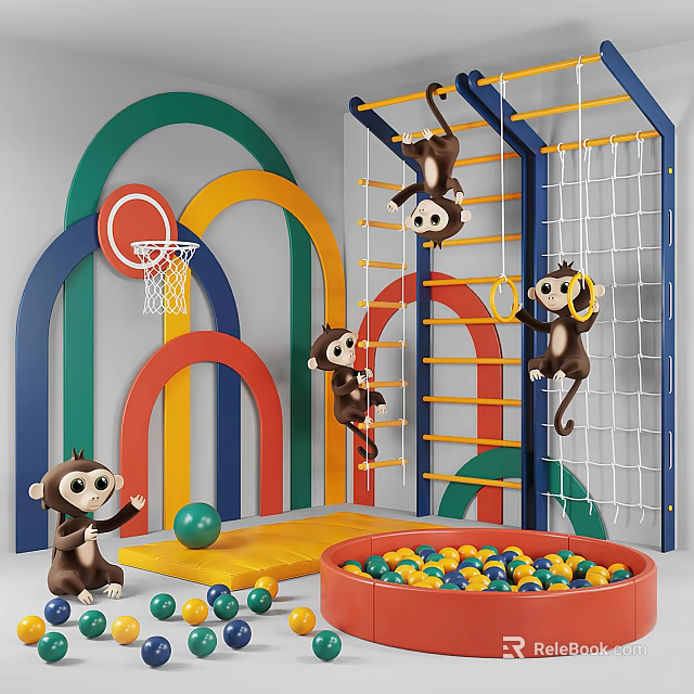 Colorful Kids Playground Equipment With Arches Basketball Hoop Climbing Frame Rope Net And Ball Pit 3d model 