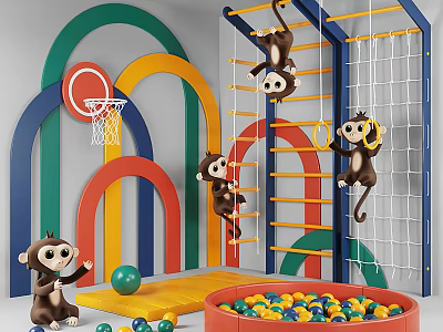 Colorful Kids Playground Equipment With Arches Basketball Hoop Climbing Frame Rope Net And Ball Pit 3d model