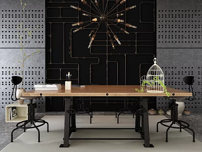 Modern Wooden Desk Interior With Metal Legs Birdcage Decor Green Plant And Black Stools 3d model