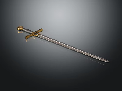 Medieval Sword With Golden Hilt Cross Guard And Silver Shiny Blade On Dark Background 3d model