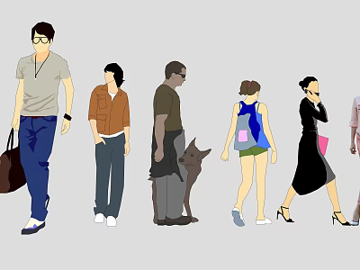 Group of People Walking with Dog Carrying Bags in Different Casual and Formal Wear 3d model