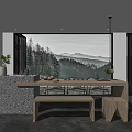 Tranquil Tea Room Interior With Large Windows Forest Mountain View And Wooden Table 3d model