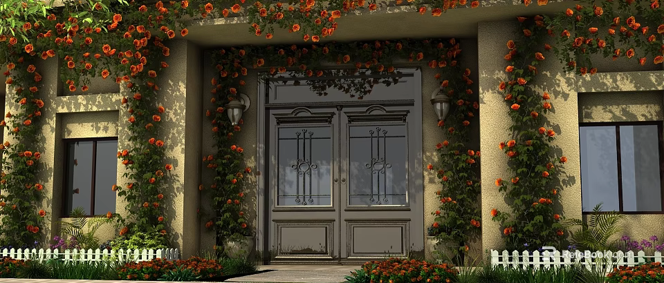 Grand Door Surrounded By Orange Flowers Vines And Wall Lamps 3d model 