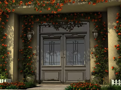 Grand Door Surrounded By Orange Flowers Vines And Wall Lamps 3d model