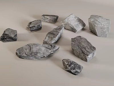 Natural Stone and Wood Pieces with Various Shapes Displayed on Gray Background 3d model