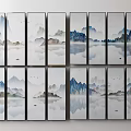 Traditional Chinese Landscape Paintings On Multiple Panels With Misty Mountains Water And Boats