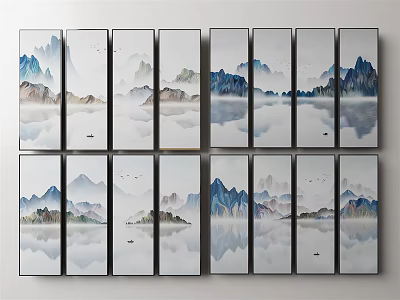 Traditional Chinese Landscape Paintings On Multiple Panels With Misty Mountains Water And Boats 3d model