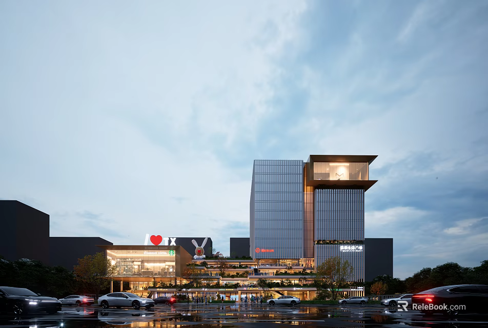 Modern Commercial Complex With Glass Facade Brand Stores And Illuminated Parking Lot In Evening Sky 3d model 