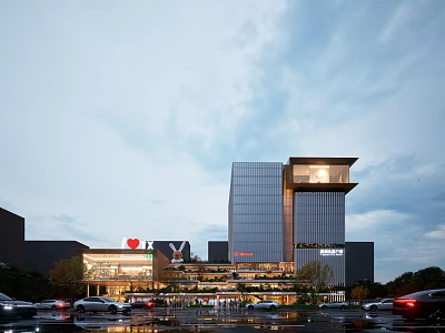 Modern Commercial Complex With Glass Facade Brand Stores And Illuminated Parking Lot In Evening Sky 3d model