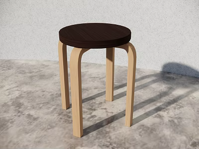 Modern Wooden Stool With Round Dark Seat And Light Curved Legs On Gray Floor 3d model