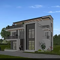 Modern Detached Villa Exterior With Large Windows Balconies Greenery And Car