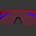 Red Frame Safety Goggles With Blue Letters And Clear Protective Lens