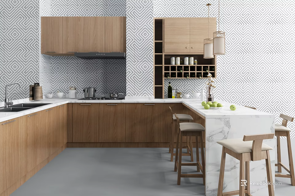 Modern Kitchen With Wooden Cabinets Marble Countertop Island Bar Stools And Patterned Backsplash 3d model 