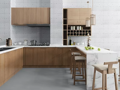 Modern Kitchen With Wooden Cabinets Marble Countertop Island Bar Stools And Patterned Backsplash 3d model