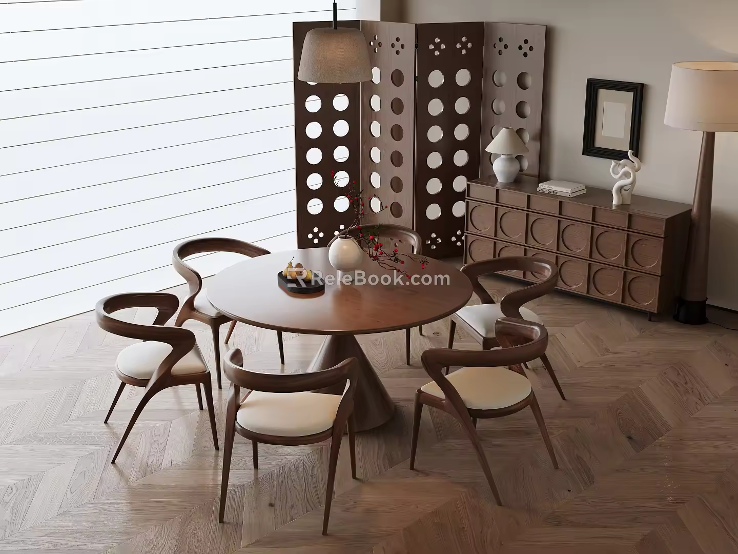 Middle Ancient Style Restaurant Dining Table and Chair Combination Side Cabinet Middle Ancient Style Lamps Hanging Picture Screen 3d model