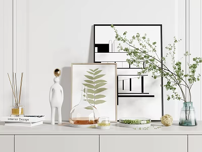 Stylish Ornamental Decor Collection With Framed Art Green Plants Diffuser Bottles And Ceramic Vases 3d model